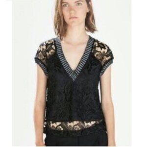 Zara Black Lace V-Neck Blouse Size Small